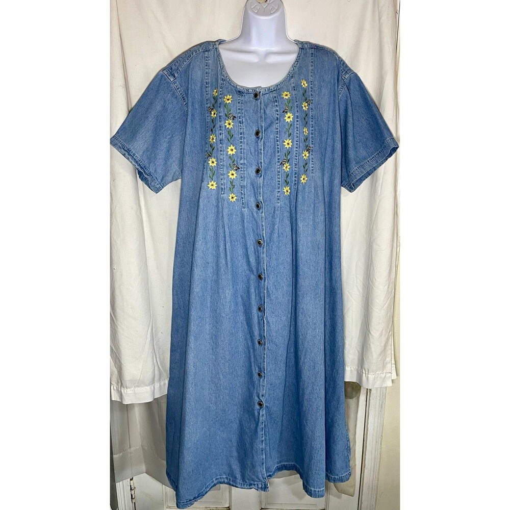 Jane Ashley Woman 2X Denim Dress Embroidered Sunflowers Bees Short Sleeve Midi